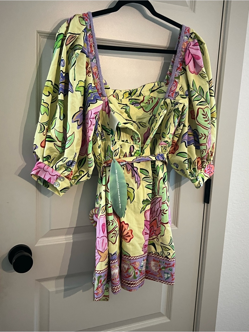 FARM Rio Yellow Floral Insects Puff Sleeve Belted Mini Dress Size S NWT - Picture 10 of 11